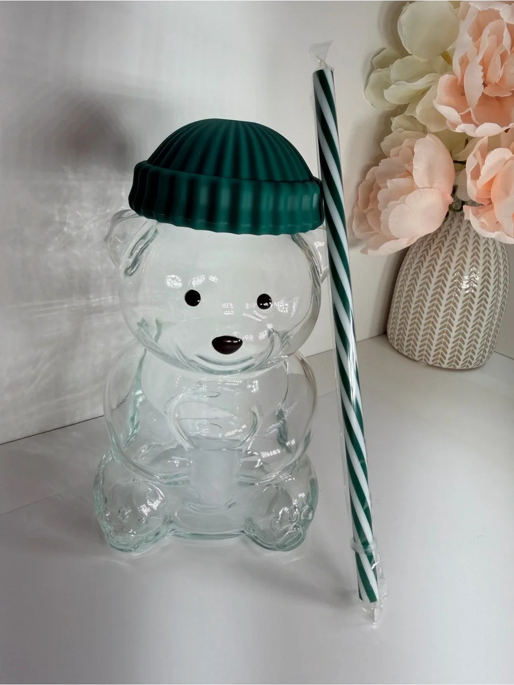 Green-Top Clear Bear Drink Cup with Straw - Party Supply